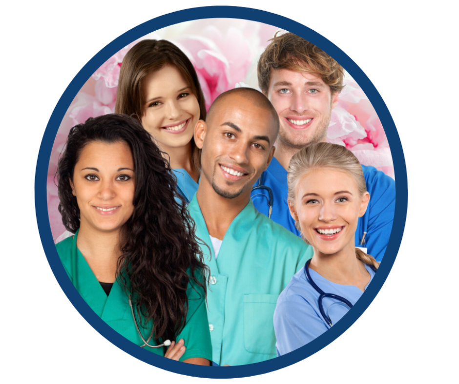 A group of diverse nurses in blue and teal scrubs for the health benefit of Twin Peaks Wellness clientele.