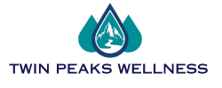 A website logo with three water drops, two are teal colored and the third filled with an outline of twin mountain peaks and a river, the words twin peaks wellness.